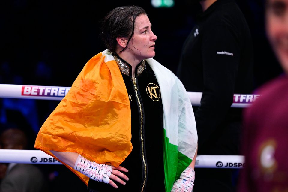Katie Taylor after her defeat to Chantelle Cameron in their undisputed super-lightweight championship fight at the 3Arena in Dublin