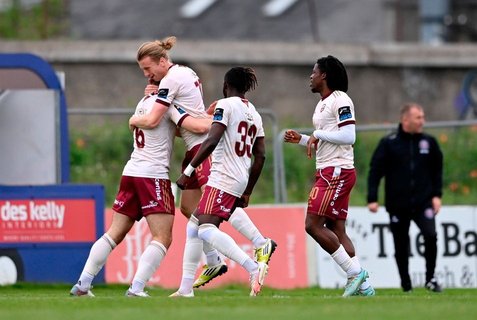Maurice Nugent of Galway United, left, celebrates with teammates, from left, David Hurley, Jeanno Esua and Al-Amin Kazeem after scoring their side's first goal during the SSE Airtricity Premier Division win over Bohemians