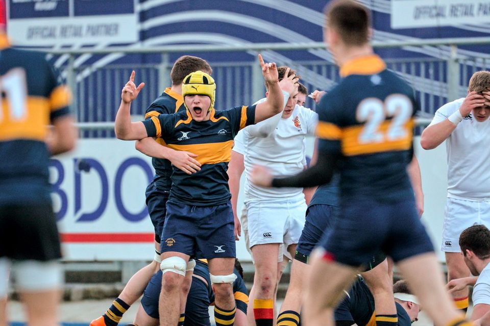 21 January 2015; James O'Reilly, The King's Hospital, celebrates a try by team-mate Jack Perry. Bank of Ireland Leinster Schools Vinnie Murray Cup Semi-Final, The King's Hospital v Presentation College Bray. Donnybrook Stadium, Donnybrook, Dublin. Picture credit: Piaras ? M?dheach / SPORTSFILE