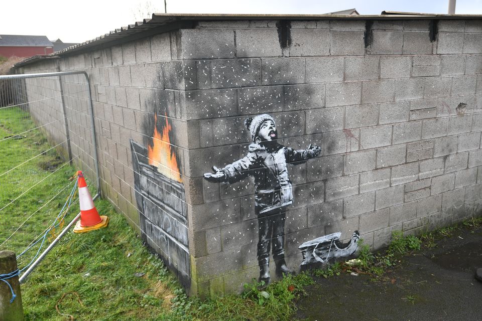 Artwork by Banksy appeared on a garage wall in Taibach, Port Talbot (Ben Birchall/PA)