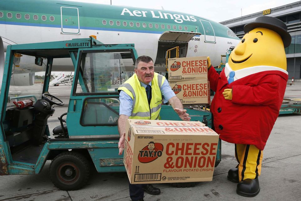Mr Tayto together with Eddie Boyle, Ramp Operations Duty Supervisor, Aer Lingus. Pic. Robbie Reynolds