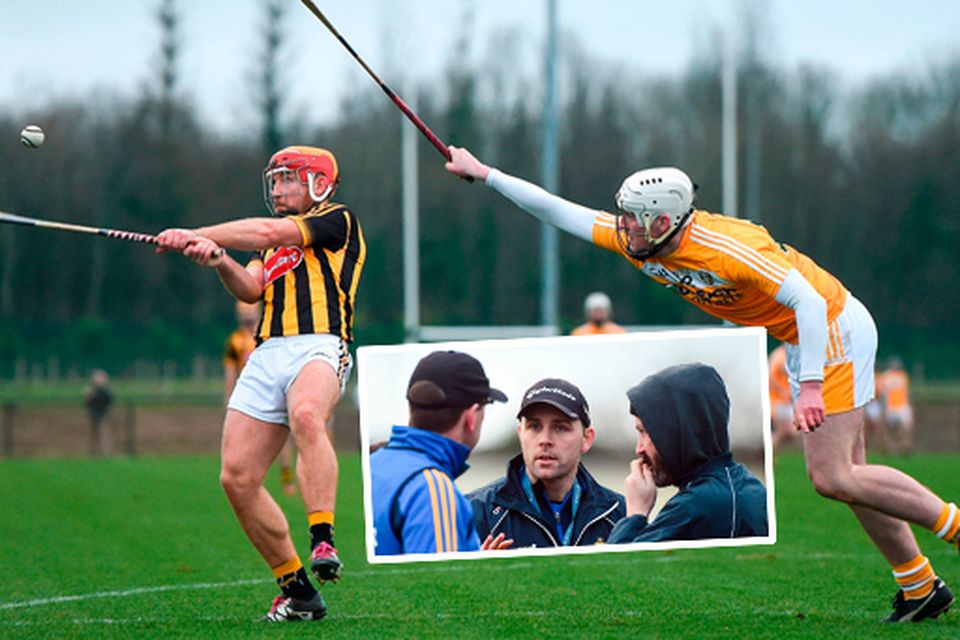 Richie Hogan of Kilkenny scores a point and (inset) Clare joint manager Gerry O'Connor in conversation with selectors Liam Cronin, left, and Donal Og Cusack, right