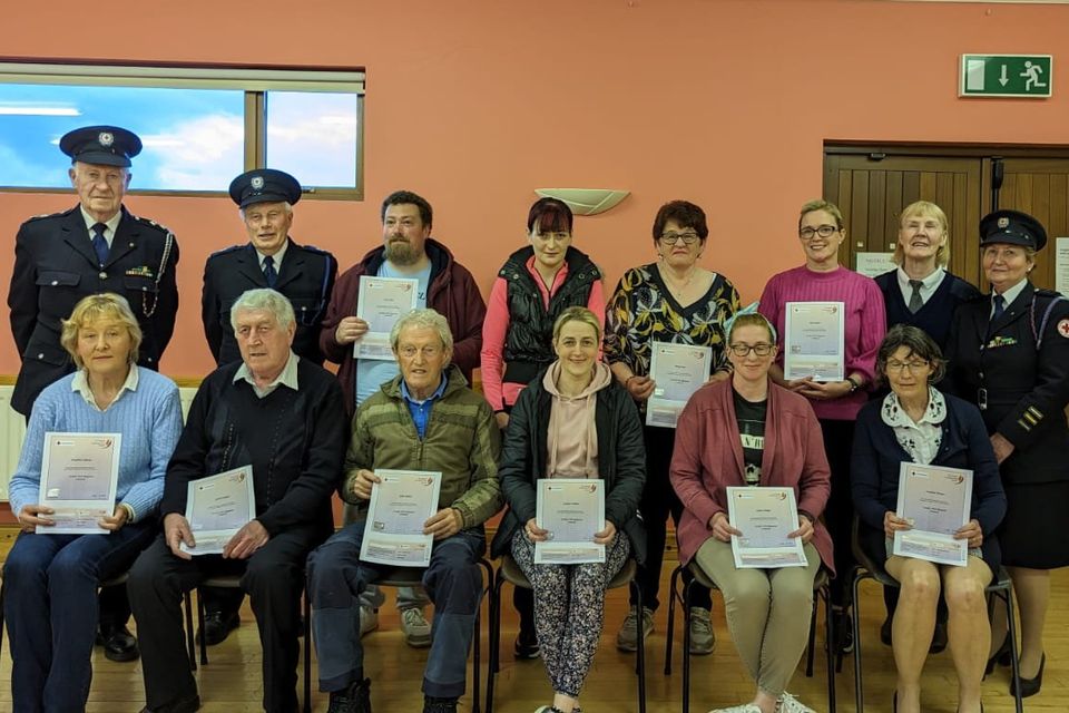 Instructors from Slane Branch of Red Cross and Course participants from Broomfield and District who completed a Cardiac First Responder (CFR) in Teach Raithneach recently. Back row: Stephen O'Donoghue and Jimmy Mooney, Slane Red Cross; Colm Dillon; Amanda Devin; Breege Drew; Roisin Roche; Marie Mooney and Hazel O'Donoghue, Slane Red Cross. Front row: Josephine Sullivan; Gerard Weldon; Robin Bellew; Grainne Weldon; Aideen Walker and Josie Mongey. 