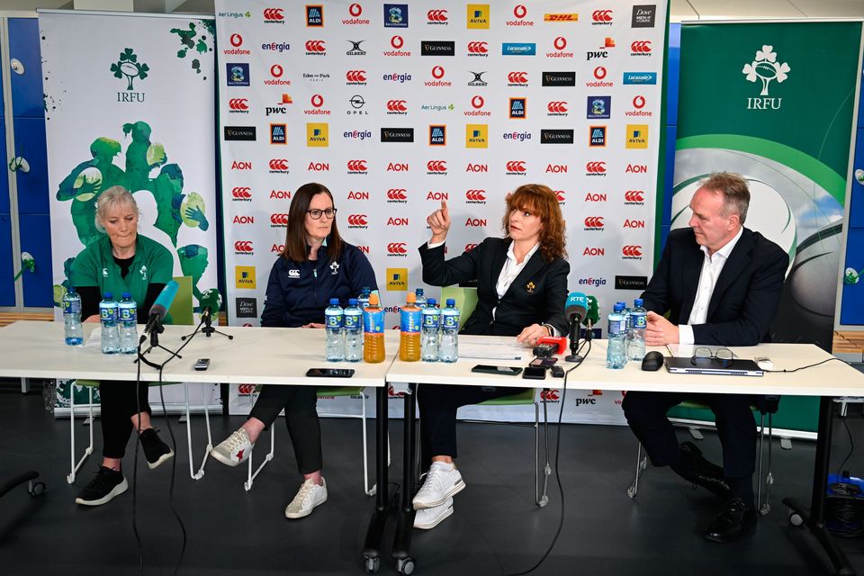 IRFU Chief Executing Officer Kevin Potts with Head of Equity, Diversity and Inclusivity Anne Marie Hughes, Head of Women's Performance and Pathways Gillian McDarby and Chair of the Women's Subcommittee Fiona Steed. Photo: Sportsfile