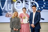 thumbnail: Pictured is Lettie Hessett from Enniscorthy in Wexford being presented with her MyEU50 Certificate by Ryan Levis and Gabrielle Leleu from European Movement Ireland at the competition exhibition day in University College Cork.