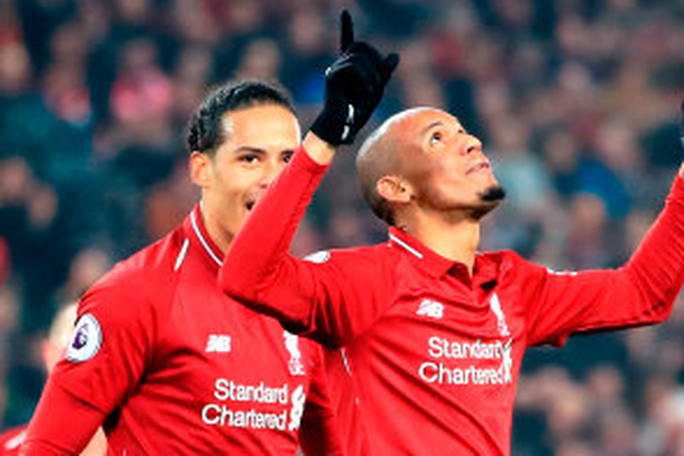 ON TARGET: Fabinho celebrates his goal in yesterday’s Premier League win over Newcastle at Anfield. Photo: PA