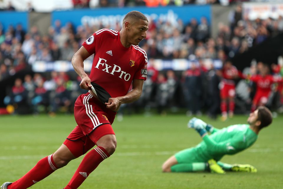 Watford's Richarlison celebrates his side's winner in their 2-1 Premier League victory at Swansea.
