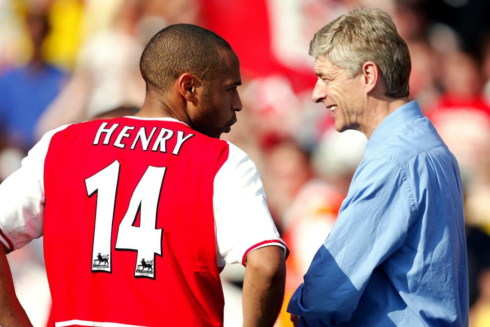 Thierry Henry, left, chats with Arsene Wenger