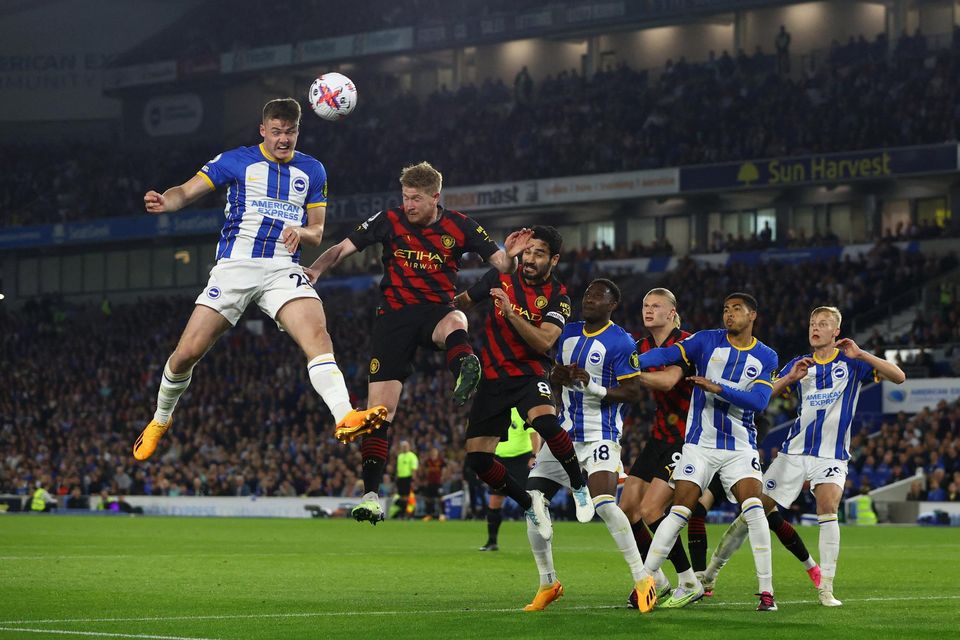 Brighton's Irish striker Evan Ferguson heads at goal during the Premier League draw with Manchester City