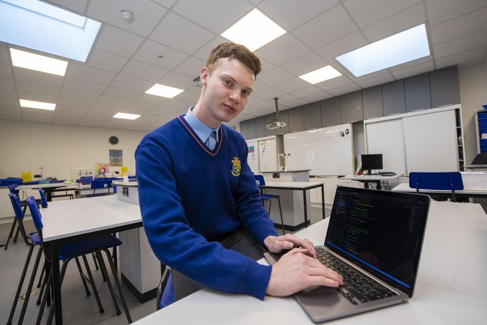 Stephen Flynn from St Joseph’s Secondary School, Rush with their BT Young Scientist project, Sláinte: The use of artificial intelligence to detect Breast Cancer.
