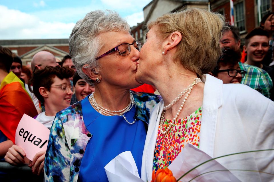 Senator Katherine Zappone (left) with Ann Louise Gilligan at the Central Count Centre in Dublin Castle, Dublin, after Zappone proposed live on TV as votes are continued to be counted in the referendum on same-sex marriage. 
Brian Lawless/PA Wire