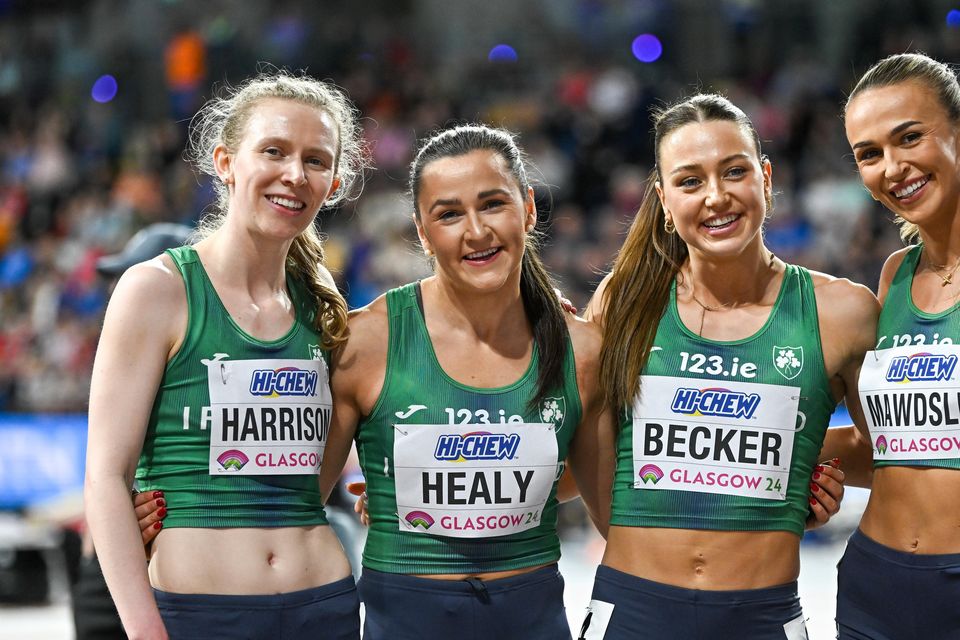 The Ireland women's 4x400m relay team, from left, Roisin Harrison, Phil Healy, Sophie Becker and Sharlene Mawdsley celebrate after qualifying for the women's 4x400m relay final.