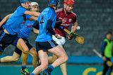 thumbnail: 7 February 2015; Jonathan Glynn, Galway, in action against Shane Barrett, 4, Peter Kelly, and Chris Crummy, left, Dublin. Bord na Mona Walsh Cup Final, Dublin v Galway. Croke Park, Dublin. Picture credit: Ray McManus / SPORTSFILE
