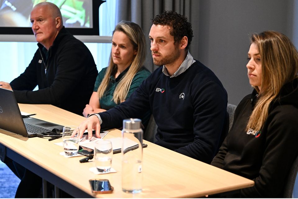 GPA representatives, from left, Ciarán Barr, GPA head of finance, Gemma Begley, GPA head of equality and player relations, Tom Parsons, GPA chief executive officer, and Aisling Maher, GPA NEC co-chair, during the Gaelic Players Association AGM. Photo: Piaras Ó Mídheach/Sportsfile