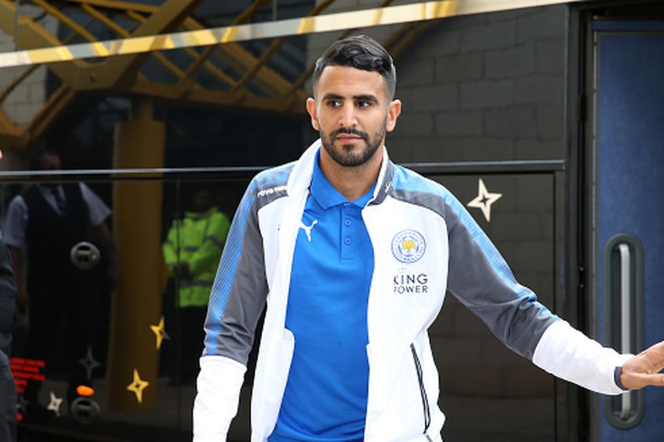 Riyad Mahrez of Leicester City arrives at Molineux Stadium ahead of the pre season friendly between Wolverhampton Wanderers and Leicester City on July 29th, 2017 in Wolverhampton, United Kingdom  (Photo by Plumb Images/Leicester City FC via Getty Images)