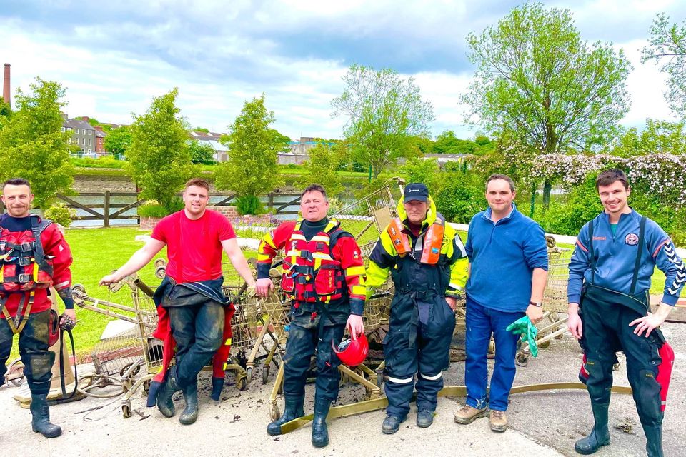 Cllr Kevin Callan with a crew from Boyne Fisherman's Rescue and Recovery on Sunday at their boathouse with some of the trolleys removed. 