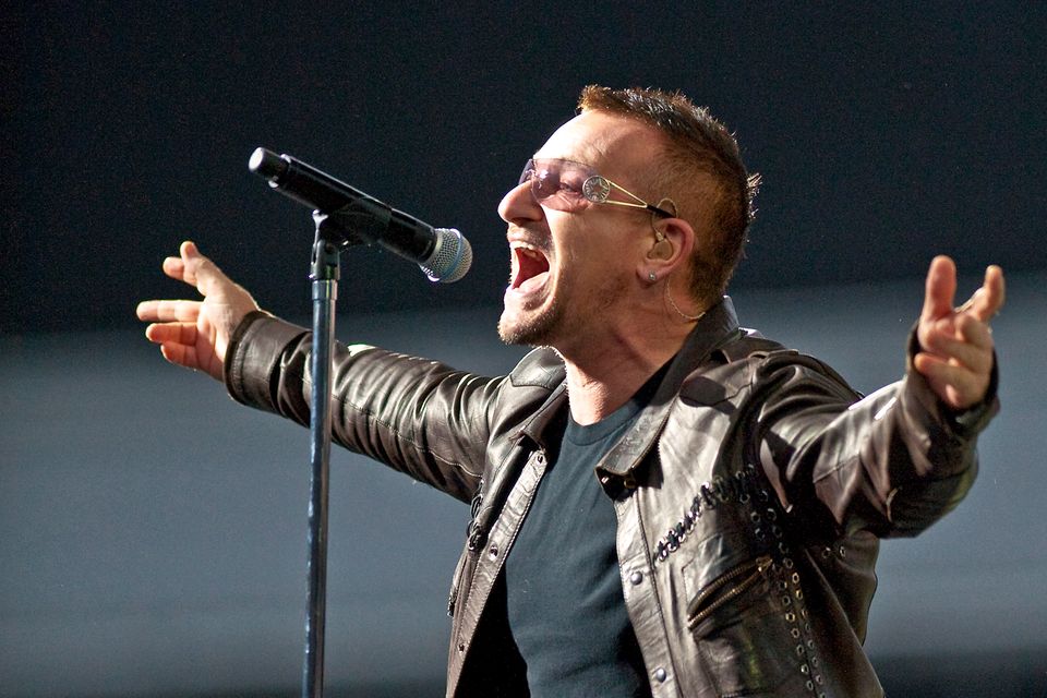 Bono performs on stage for the second night of U2's 360 Degrees World Tour in their home town at Croke Park on July 25, 2009