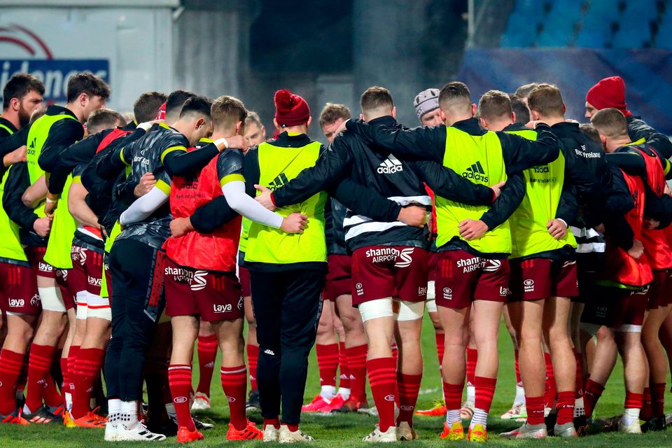 The Munster team huddle before the Heineken Champions Cup Pool B match against Castres at Stade Pierre Fabre in Castres, France. Photo: Manuel Blondeu/Sportsfile