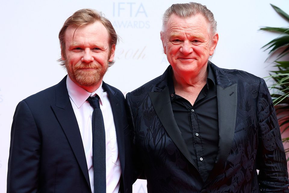 Brendan Gleeson (right) and his son, Brian Gleeson, on the red carpet ahead of the 20th Irish Film and Television Academy (IFTA) Awards ceremony at the Dublin Royal Convention Centre. Photo: Damien Eagers/PA Wire