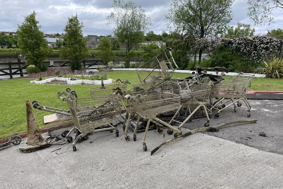 Some of the 30 supermarket trolleys from town centre supermarkets pulled from the River Boyne.