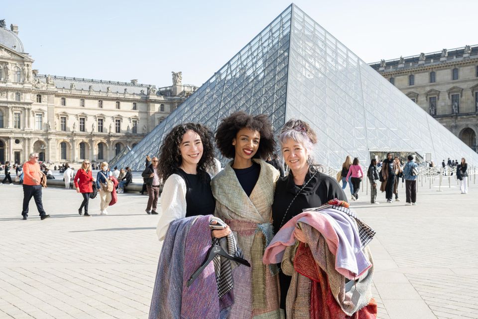 Bridget Geoghegan (left) and Meritta Gorman-Geoghegan (right) of Mise Tusa with their model Lèwa Ounda Meybi in Paris. Photo: Bérangère Lomont