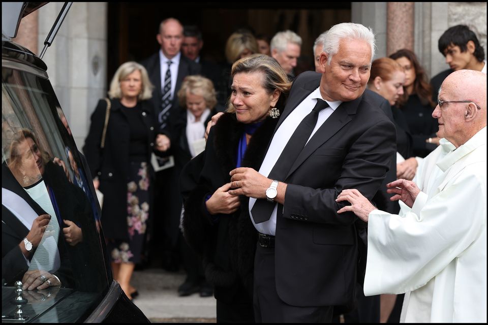 Susan O'Reilly and her brother Tony O'Reilly Jr at the funeral of their father Tony O'Reilly at the Church of the Sacred Heart in Donnybrook. Photo: Steve Humphreys