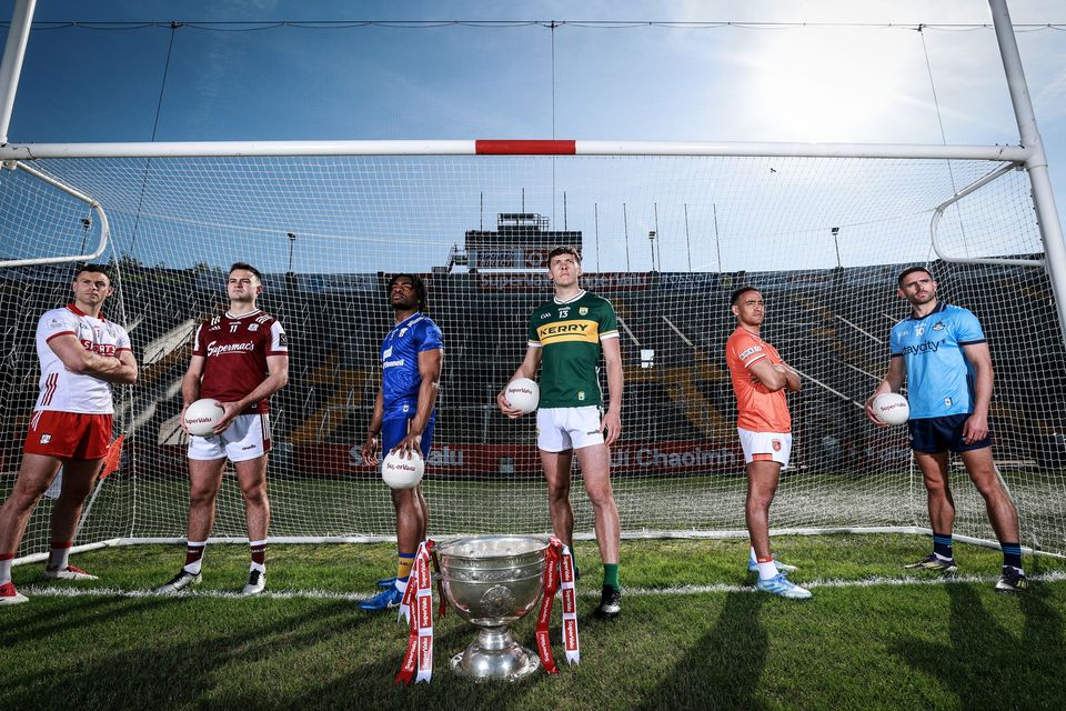 Mícheál Martin (Cork), Cillian McDaid (Galway), Ikem Ugwueru (Clare), David Clifford (Kerry), Jemar Hall (Armagh) and Niall Scully (Dublin) at SuperValu’s launch of the All-Ireland SFC in Páirc Uí Chaoimh. Photo: Dan Sheridan/INPHO