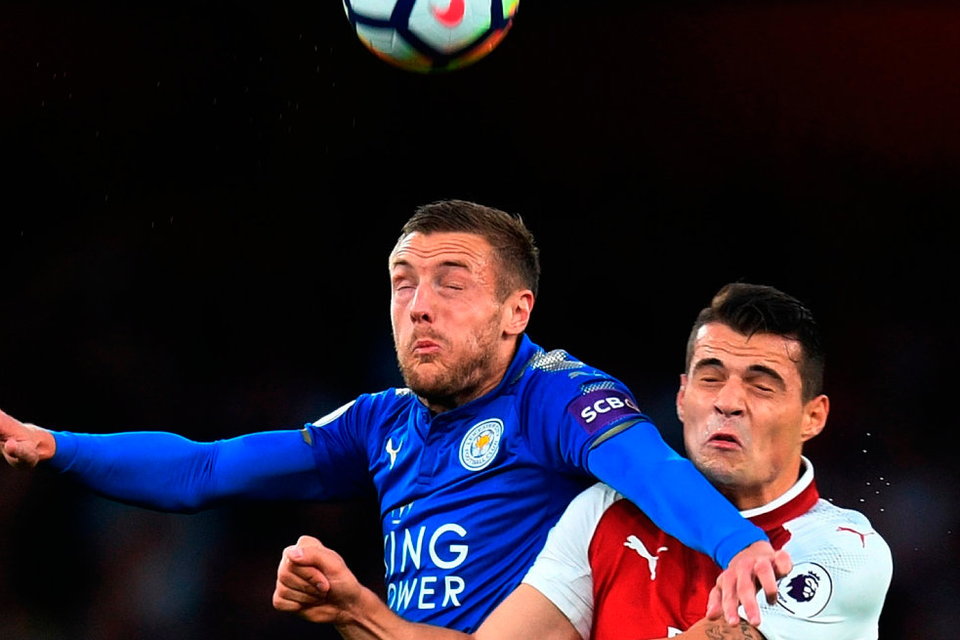 Jamie Vardy and Granit Xhaka battle it out at the Emirates Stadium. Photo: Michael Regan/Getty Images