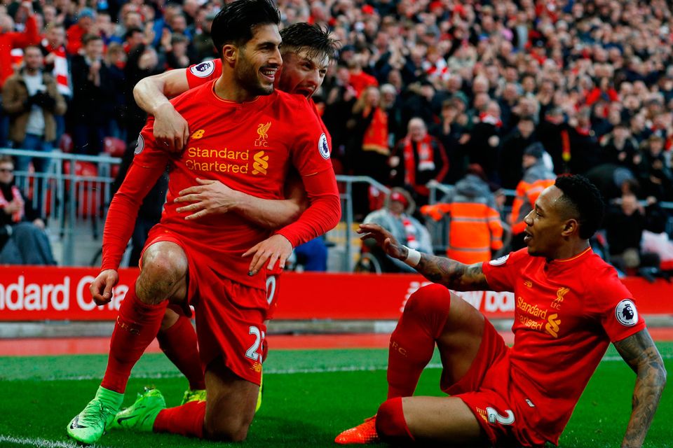 Liverpool's Emre Can celebrates scoring their second goal