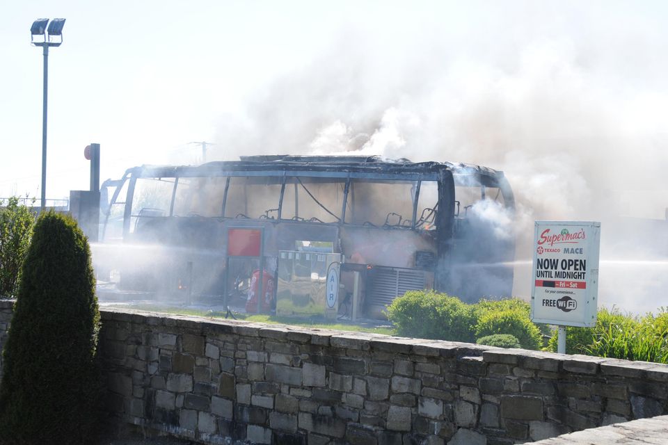 Bus on fire outside of Supermac's near Westport. Photo: Frank Dolan.