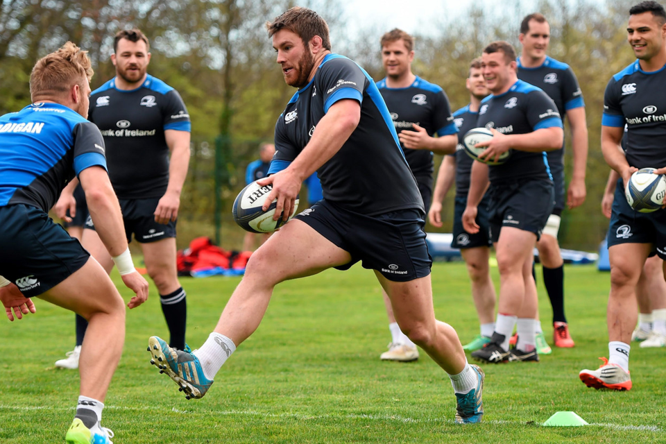 Sean O’Brien takes on Ian Madigan during a Leinster training drill ahead of Sunday’s Champions Cup Clash with Toulon