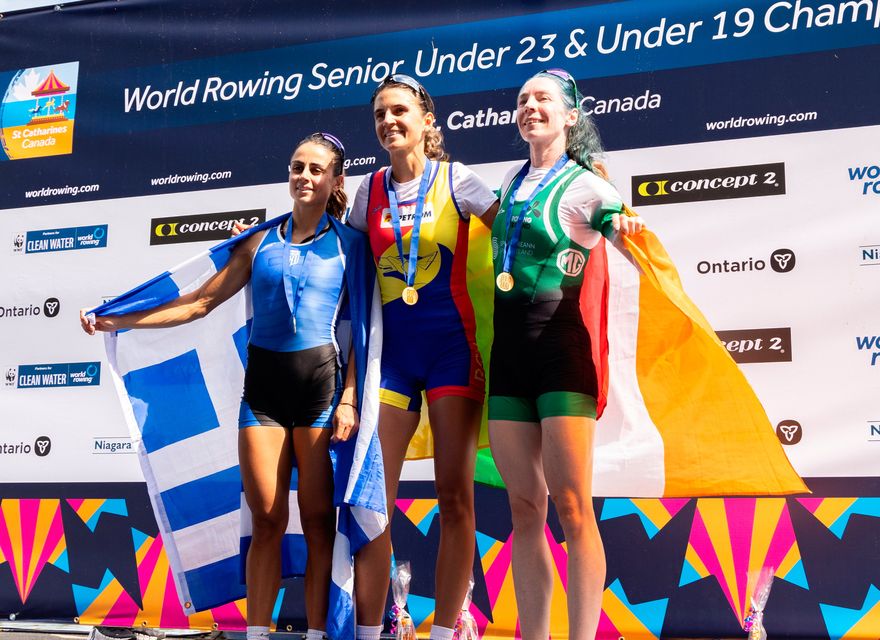 Women's single scull medallist, from left, Zoi Fitsiou of Greece, silver, Ionela Livia Cozmiu of Romania, gold and Siobhan McCrohan of Ireland, bronze, stand at the podium after the lightweight women's single sculls final at the World Rowing Championships at Royal Canadian Henley Rowing Course in St Catharines, Canada. Photo by Stephen Leithwood/Sportsfile