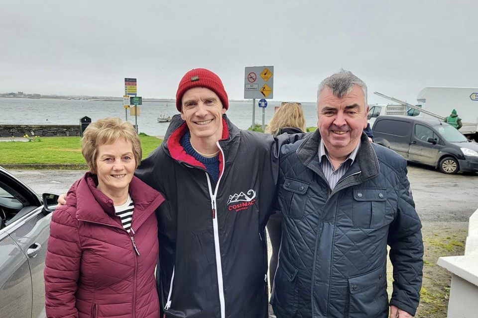 Michael Fassbender with Dermot and Ann Marks when he was in Greenore for shooting a scene for the film 'Kneecap'. Picture: @carlingfordire Facebook