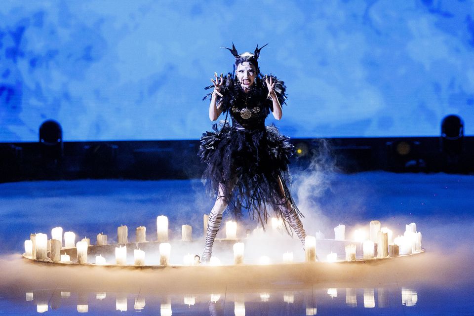 Ireland’s Bambie Thug performing "Doomsday Blue" at the Eurovision 2024 Semi-Final 1 dress rehersal at the Malmö Arena, Sweden. Picture Andres Poveda