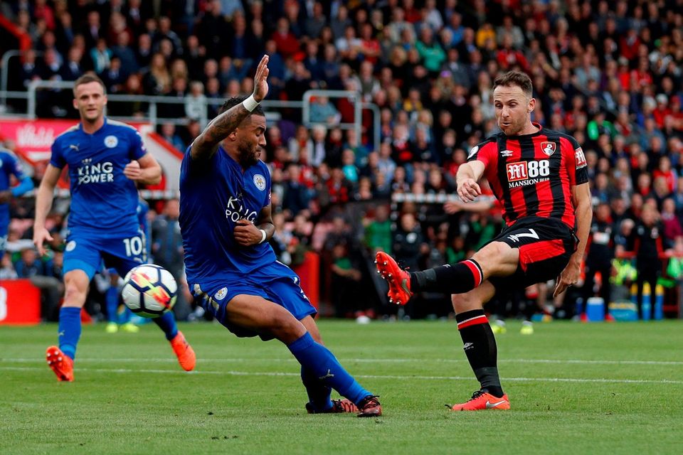 Bournemouth's Marc Pugh in action with Leicester City's Danny Simpson
