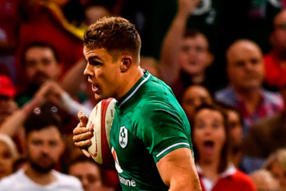 Garry Ringrose of Ireland on his way to scoring a try which was subsequently disallowed during the match against Wales at the Principality Stadium in Cardiff