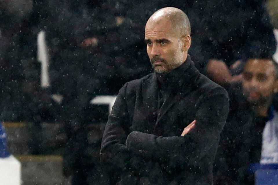 A disappointed City boss Pep Guardiola watches his side get soundly beaten by Leicester