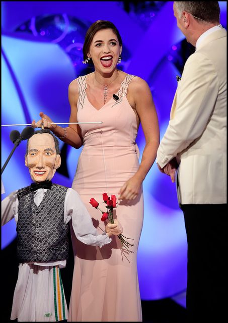 Westmesth Rose Eva Cooney with a puppet of Daithi O'Se at the Rose of Tralee International Festival in Tralee Co Kerry. 
Pic Steve Humphreys
21st August 2017
