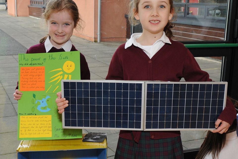 Mia Fong and Emma Carter are pictured with their solar panel project at the science fair in Bonscuil Loreto Gore on Friday.  Photo: Jim Campbell