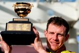 thumbnail: Jockey Paul Townend celebrates with the Gold Cup trophy after winning the Boodles Cheltenham Gold Cup Chase on Galopin Des Champs on day four of the Cheltenham Festival. Photo: PA