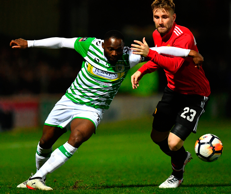 Yeovil Town's Francois Zoko challenges Manchester United's Luke Shaw. Photo: Getty Images
