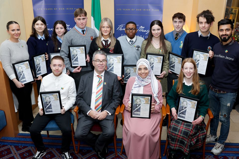 2023 winners pictured with Chairperson of the the Thomas F. Meagher Foundation, Clive Byrne and Honorary Board Member and Leitrim hurler, Zak Moradi