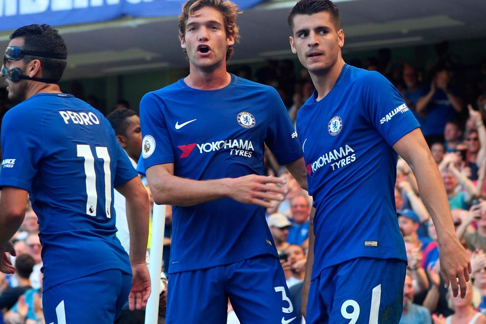 Chelsea’s Alvaro Morata celebrates scoring their second goal with Marcos Alonso