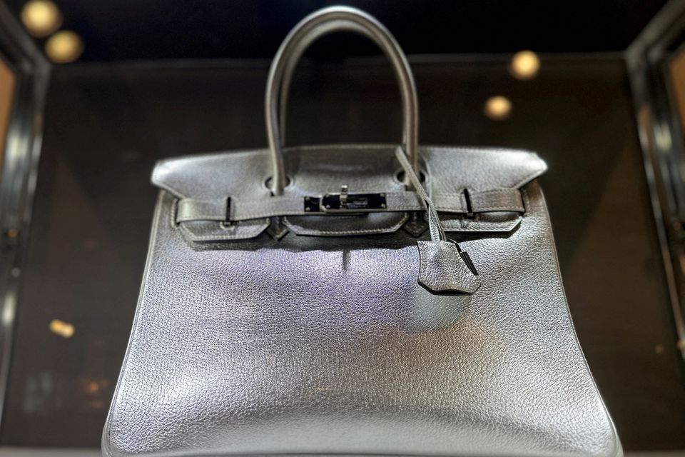 A Hermes Silver Metallic Chevre Birkin 30 bag for auction at Sotheby's in New York in 2023. Photo: Reuters