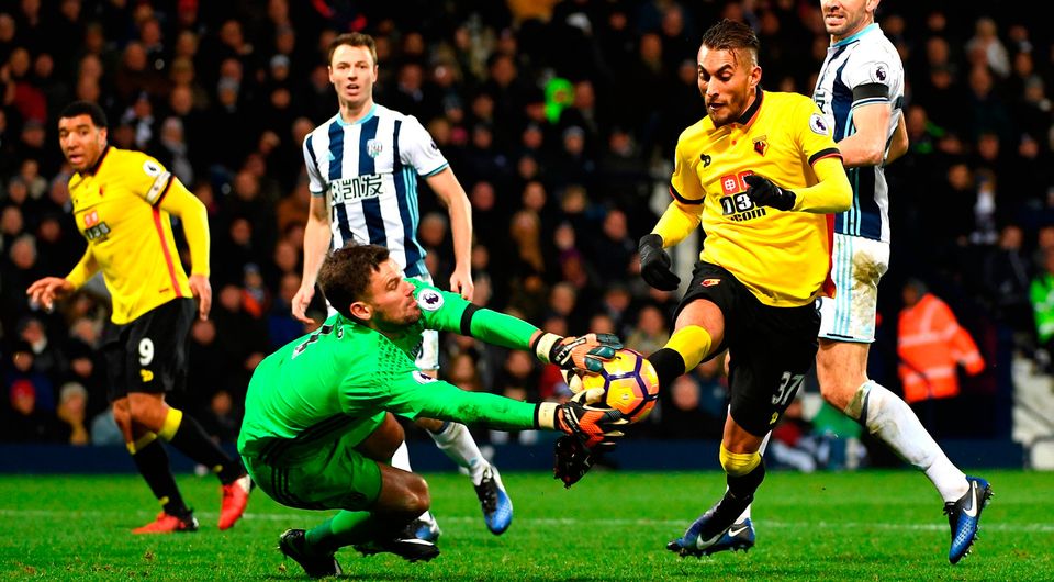 Ben Foster of West Bromwich Albion saves a shot by Roberto Pereyra of Watford. Photo: Getty