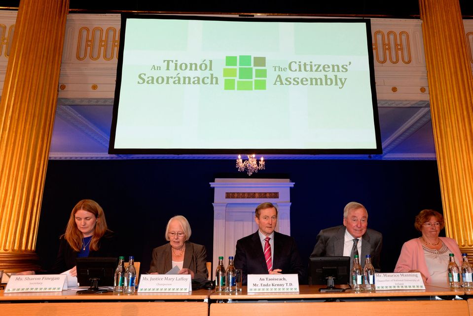 Ms Sharon Finnegan, Ms Justice Mary Laffoy, Taoiseach Enda Kenny and Mr Maurice Manning at the Citizens Assembly at Dublin Castle. Photo:Justin Farrelly.