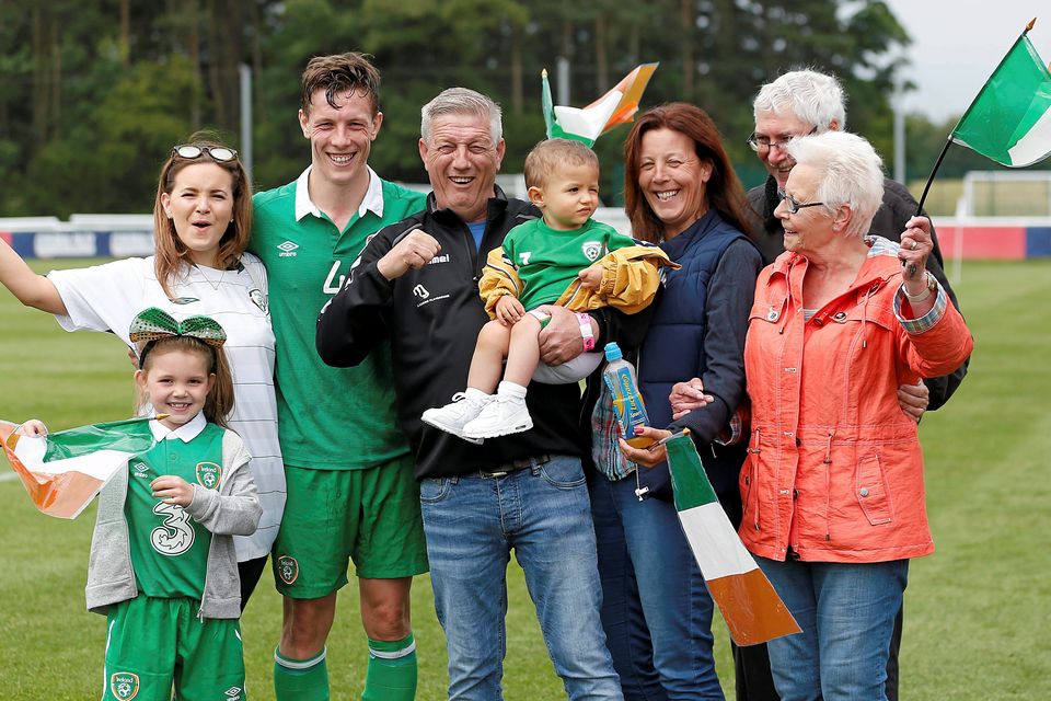 Ireland captain and match-winner Luke Evans with his family at St George’s Park after their victory over Argentina
