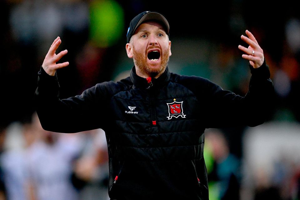 Dundalk head coach Stephen O'Donnell celebrates after their win over Shamrock Rovers at Oriel Park on Friday. Photo: Ben McShane/Sportsfile