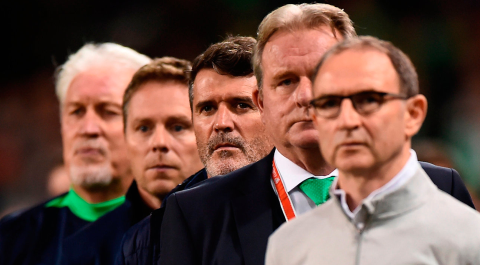 Martin O’Neill with his management team before kick-off. Photo: Sportsfile