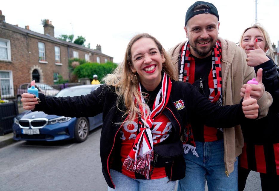 Bayer Leverkusen fans on their way to the ground before the UEFA Europa League final at the Aviva Stadium, Dublin. Photo: Brian Lawless/PA Wire.